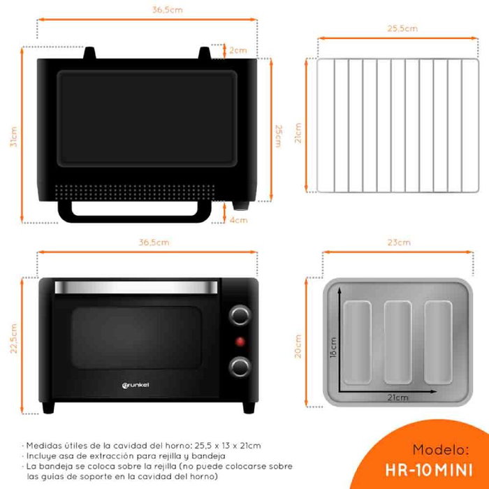 Grunkel HR-10MINI - Horno Eléctrico de Sobremesa Multifunción, 10 Litros, 800W, Temperatura 100-230°C, Temporizador 60 Min, Resistencias Inox, Negro